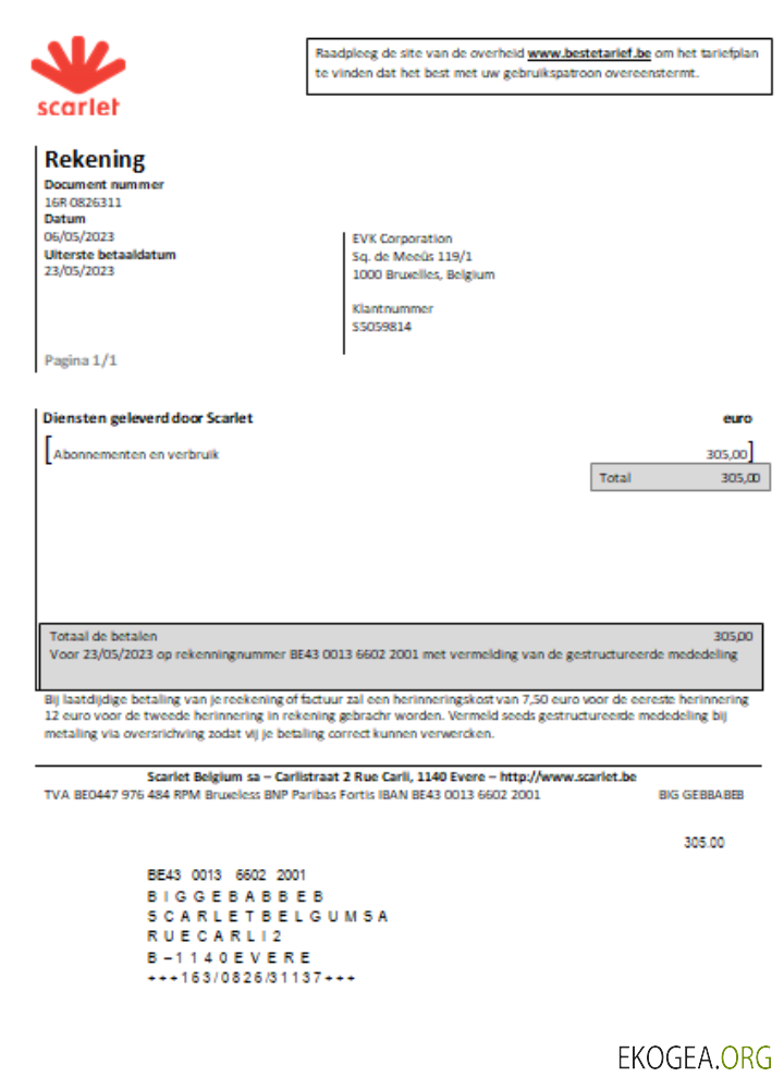 Facture commerciale des services publics de télécommunications Scarlet, SCR